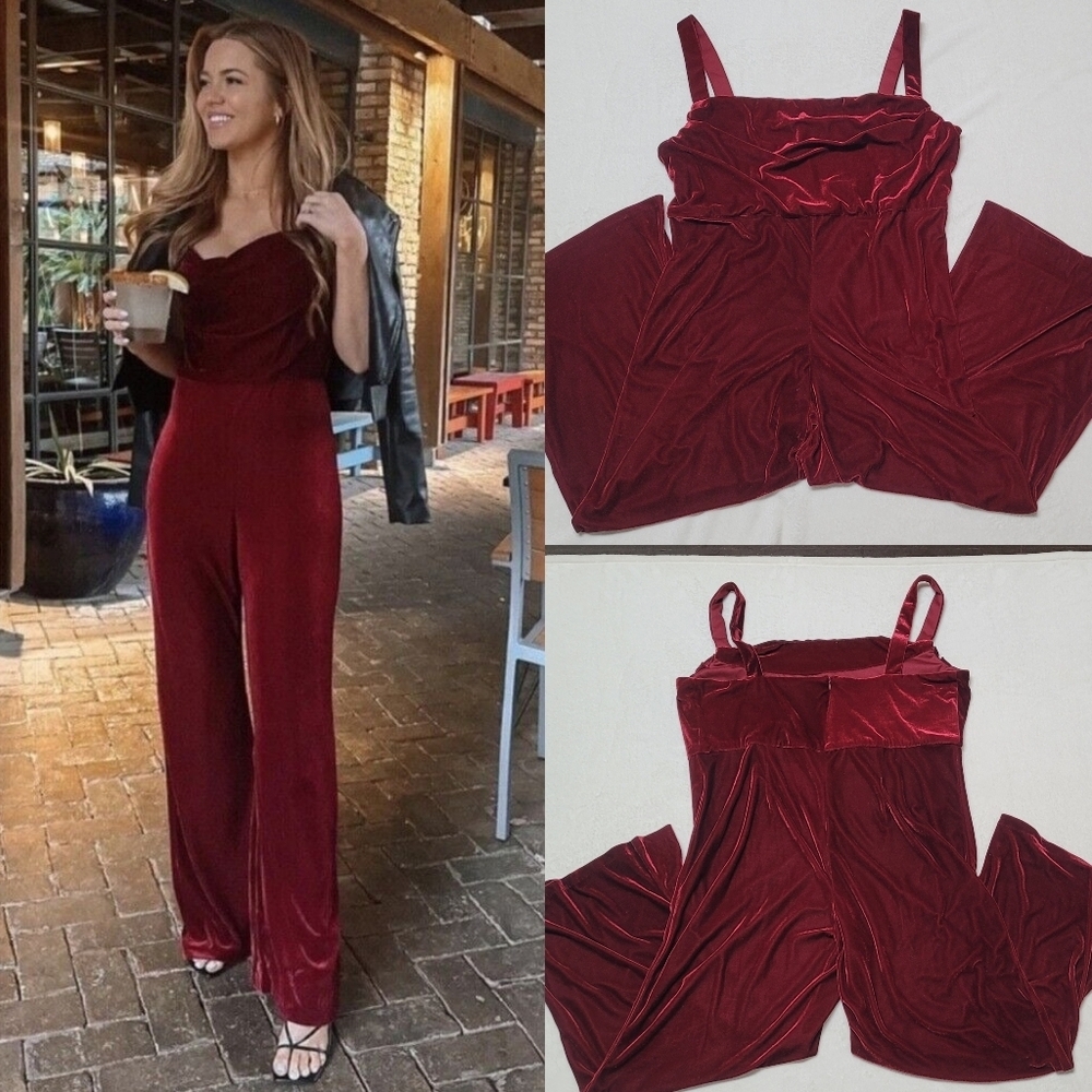 BCBG Paris Burgundy Wine Velvet Jumpsuit Holiday Fall Wide Leg Cowl-neck XXL